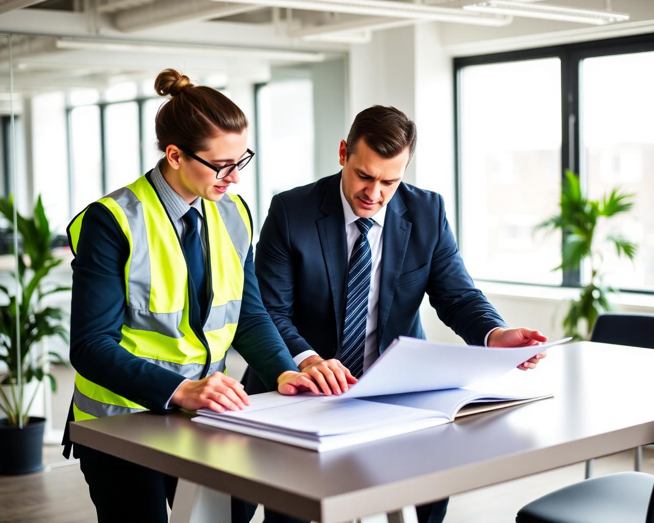 Safety consultant reviewing compliance documentation with a client