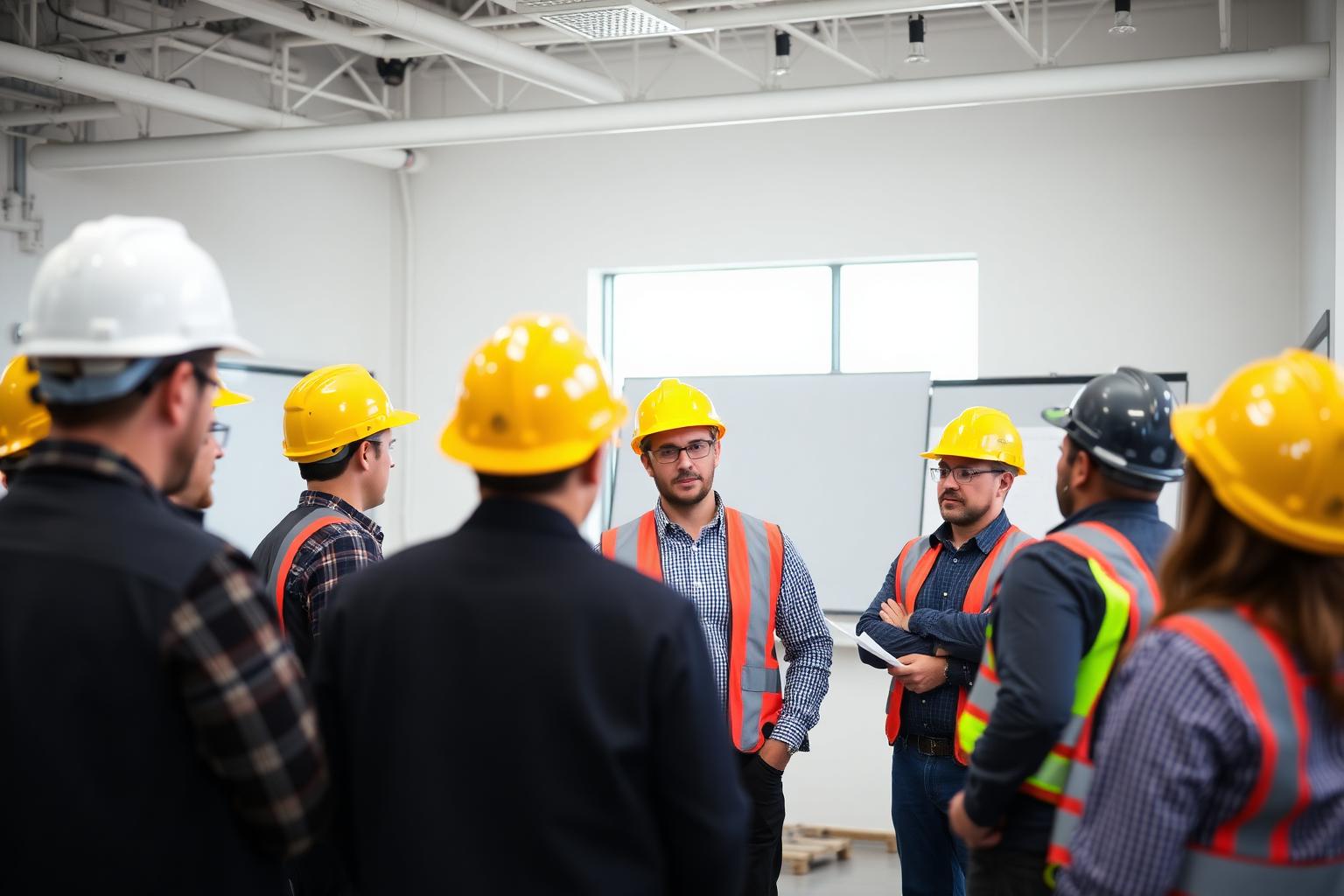 Safety training session with employees wearing hard hats